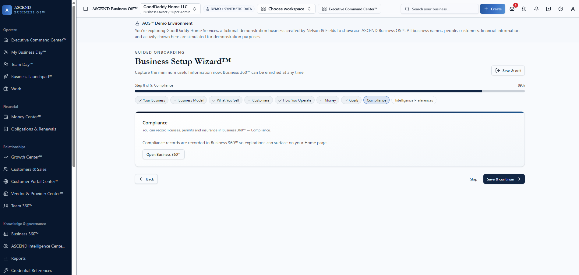 Business Setup Wizard compliance step in ASCEND Business OS