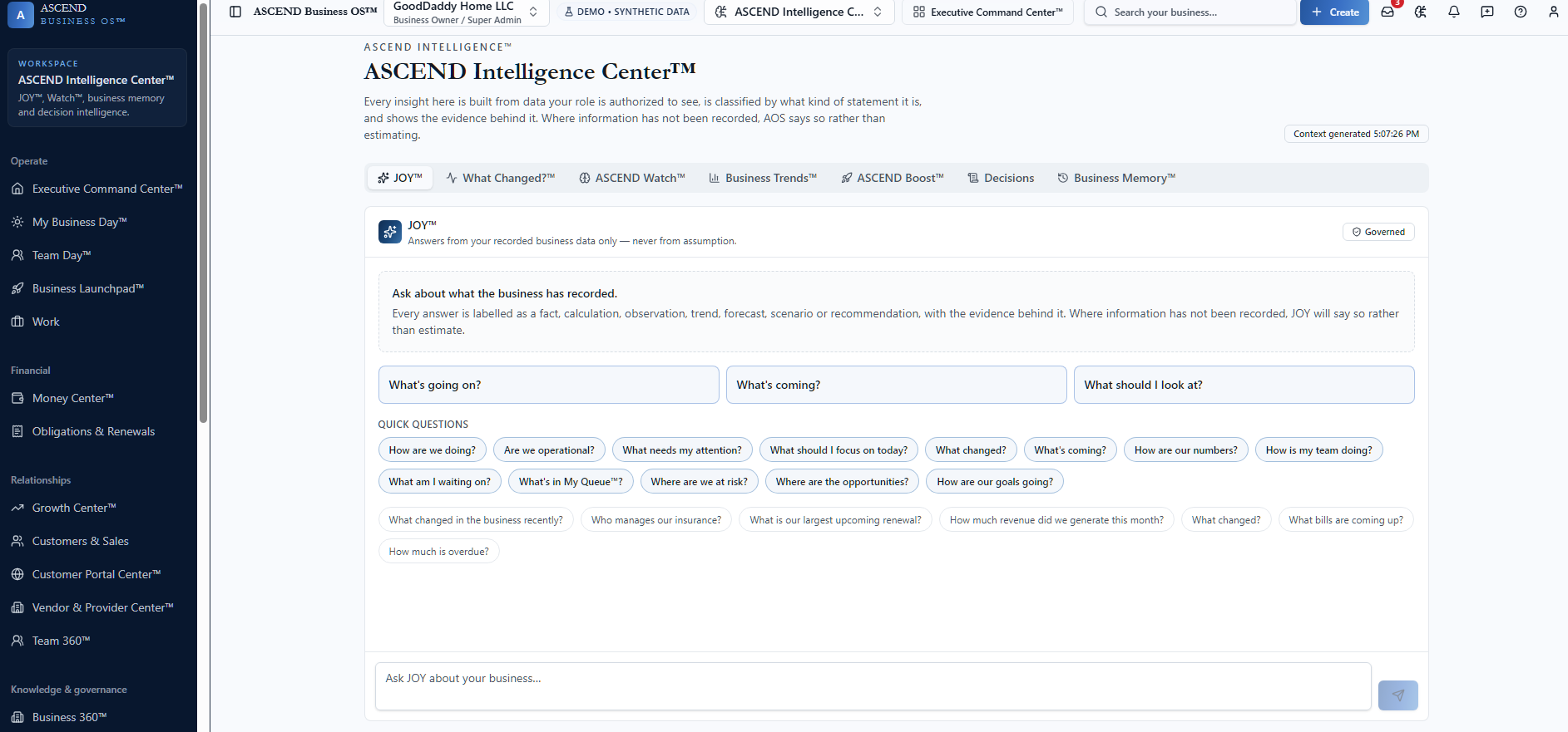ASCEND Intelligence Center and JOY in ASCEND Business OS